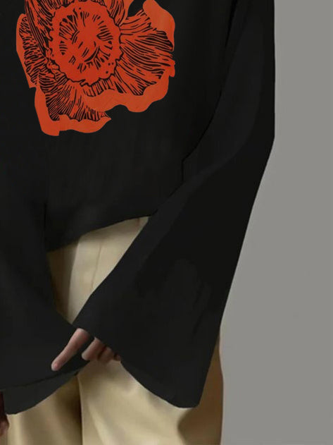 Flower Print Flared Sleeves Long Sleeves High Neck T-Shirts Tops