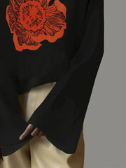 Flower Print Flared Sleeves Long Sleeves High Neck T-Shirts Tops