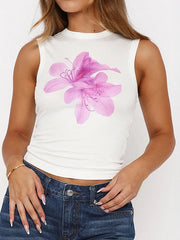 Flower Print Skinny Sleeveless Round-Neck Vest Top