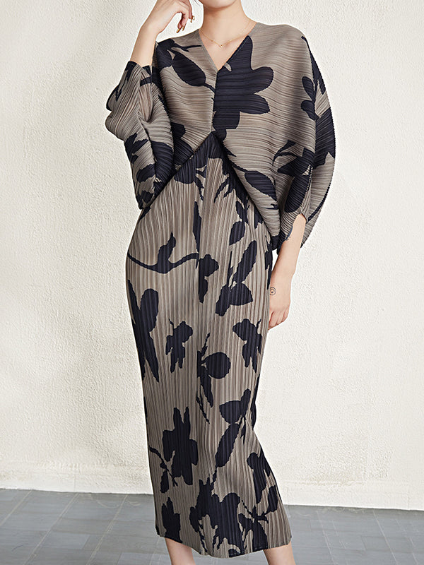 Pleated Printed Batwing Sleeves Loose V-Neck Midi Dresses