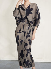 Pleated Printed Batwing Sleeves Loose V-Neck Midi Dresses