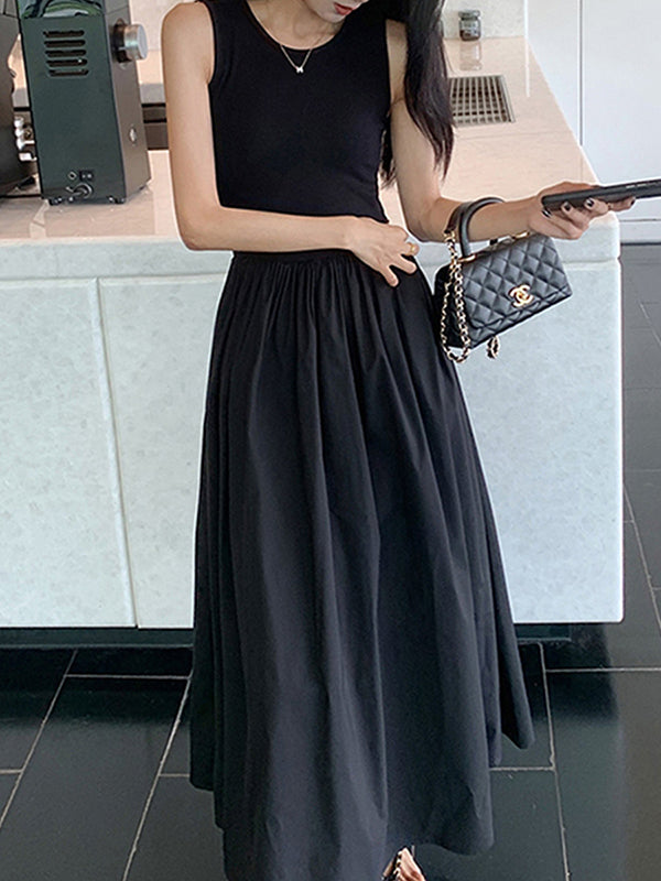 Pleated Pockets Solid Color Split-Joint High Waisted Sleeveless Round-Neck Midi Dresses