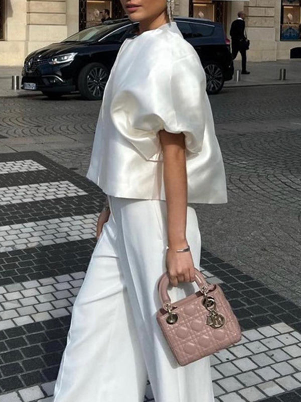 Hollow Solid Color Split-Joint Loose Puff Sleeves Round-neck Blouses