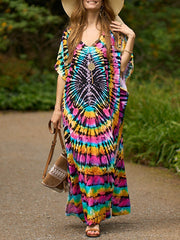Printed Split-Side Batwing Sleeves Loose V-Neck Maxi Dresses Beach Cover-Up