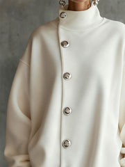 Buttoned Solid Color Split-Joint Long Sleeves Loose High Neck Sweatershirt Mini Dresses