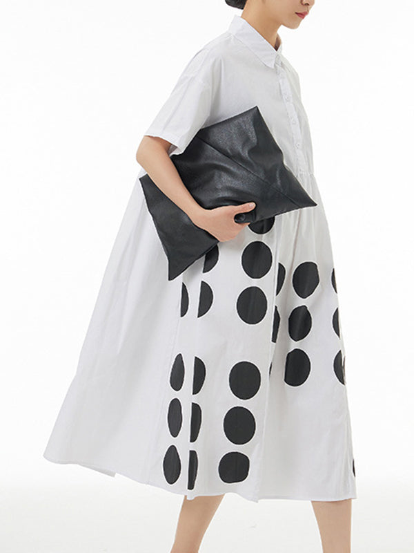 Contrast Color Pleated Split-Joint Loose Short Sleeves Lapel Shirt Dress Midi Dresses