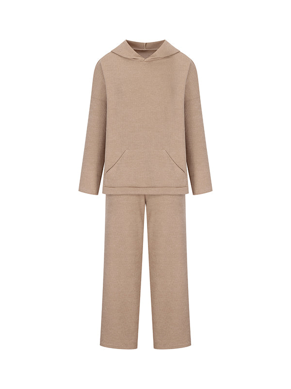 Solid Color Loose Round-Neck Hooded Long Sleeves Sweater Top + Drawstring Pants Bottom Two Pieces Set