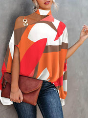 Asymmetric Chains Hollow Printed Batwing Sleeves Loose Asymmetric Collar T-Shirts Tops
