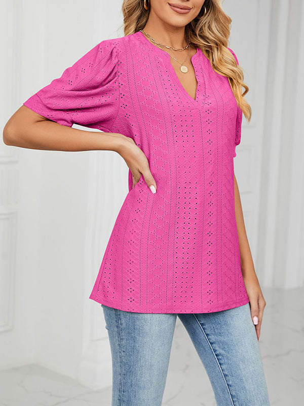 Hollow Solid Color Bishop Sleeve Loose V-neck T-Shirts Tops