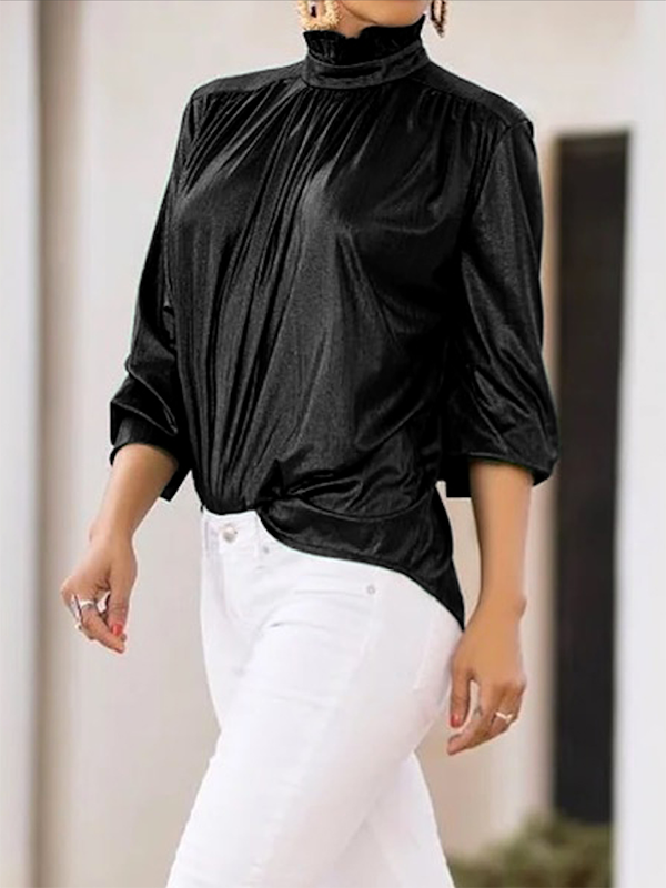 Shiny Solid Color Loose Three-quarter Sleeves High-neck Blouses&shirts Tops