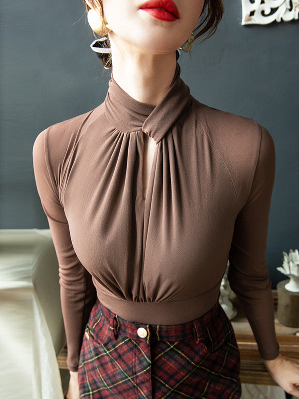 Hollow Mesh Pleated See-Through Solid Color Twist Long Sleeves Plus Size Half Turtleneck Blouses&Shirts Tops