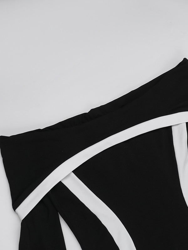 Contrast Color Split-Joint Bodycon Long Sleeves Off-The-Shoulder Maxi Dresses Evening Dresses