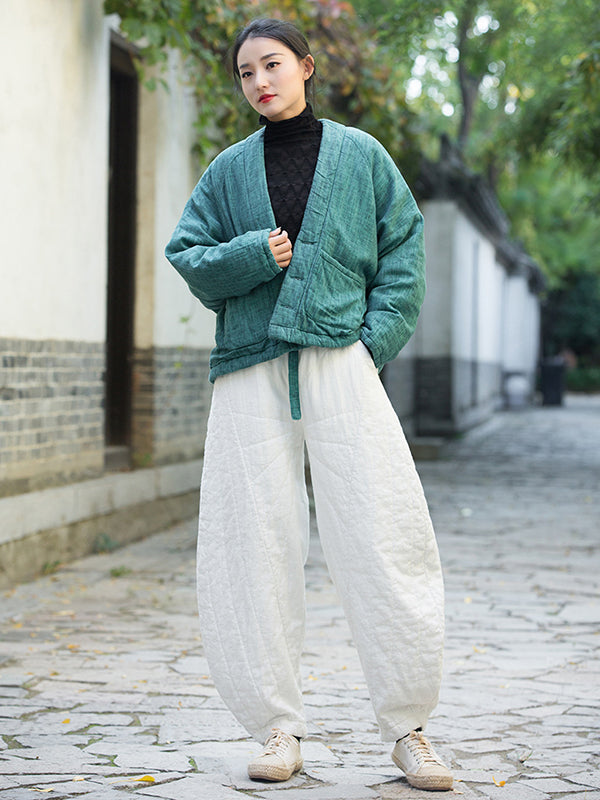 Casual Loose Keep Warm Quilted Solid Color Padded Bloomers Pants