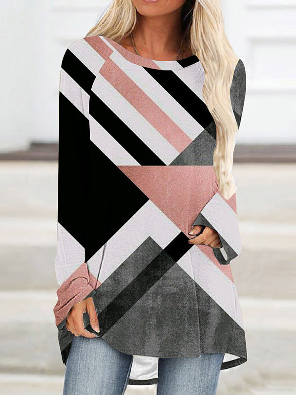 Plaid Printed High-low Long Sleeves Round-neck T-Shirts Tops