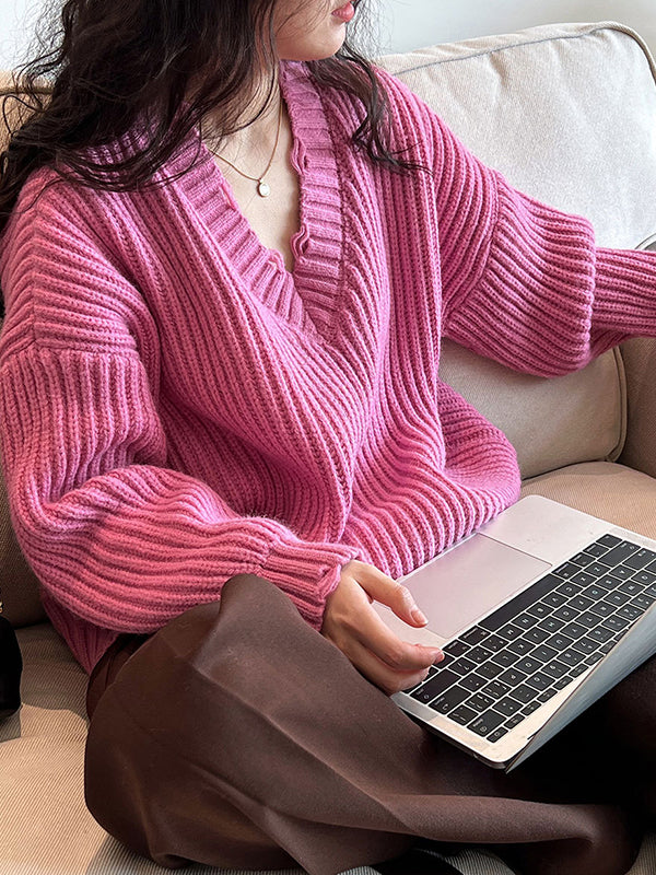 Hollow Solid Color Long Sleeves Loose V-Neck Sweater Tops Pullovers