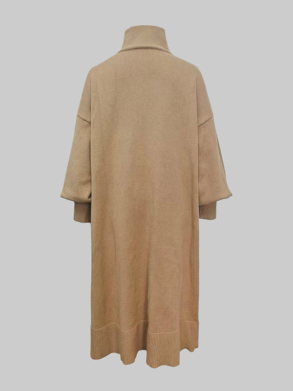 Solid Color Long Sleeves Loose High Neck Sweater Dresses Midi Dresses