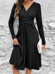 Pleated Solid Color Split-Joint Long Sleeves Loose V-Neck Midi Dresses