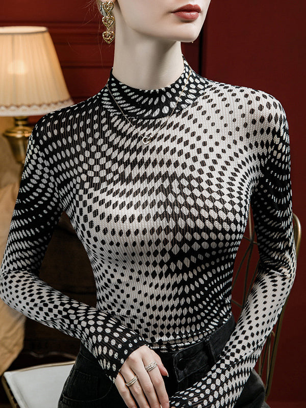 Contrast Color Printed Long Sleeves Plus Size Mock Neck T-Shirts Tops
