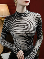 Contrast Color Printed Long Sleeves Plus Size Mock Neck T-Shirts Tops