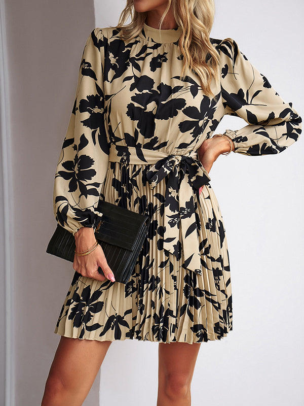 Flower Print Pleated Tied Waist High Waisted Long Sleeves Mock Neck Mini Dresses