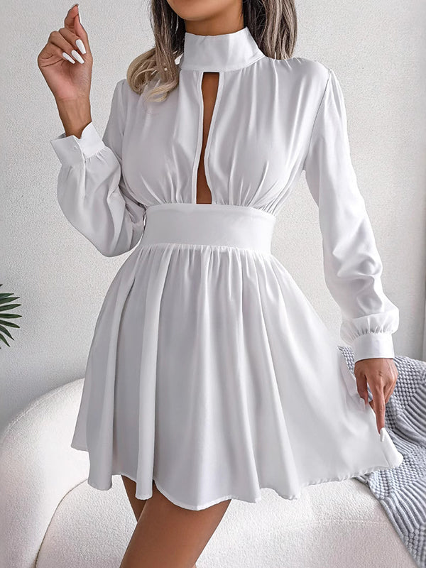 Hollow Solid Color Zipper A-Line Elasticated Waist Half Turtleneck Mini Dresses