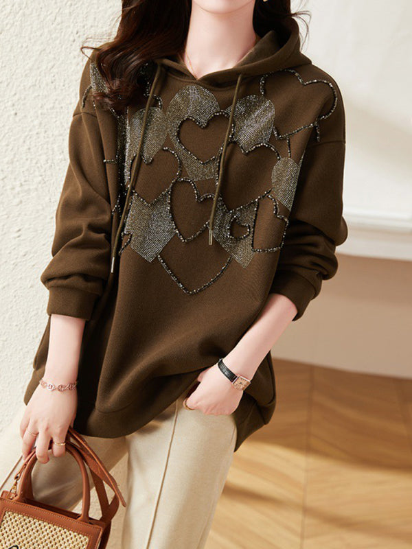 Drawstring Heart Print Rhine Stones Velvet Long Sleeves Loose Hoodies Tops