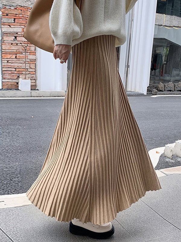 Pleated Solid Color A-Line High Waisted Skirts Bottoms