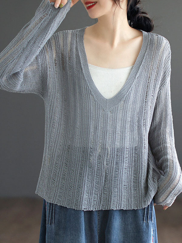 Hollow Solid Color Long Sleeves Loose V-Neck Pullovers