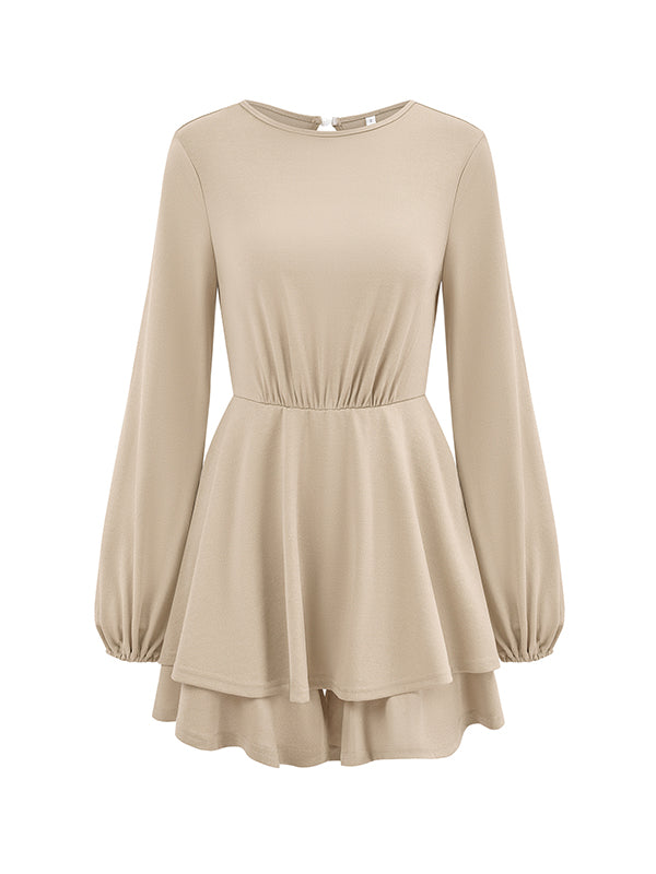 Elasticity Hollow Pleated Solid Color Long Sleeves Puff Sleeves Round-Neck Rompers