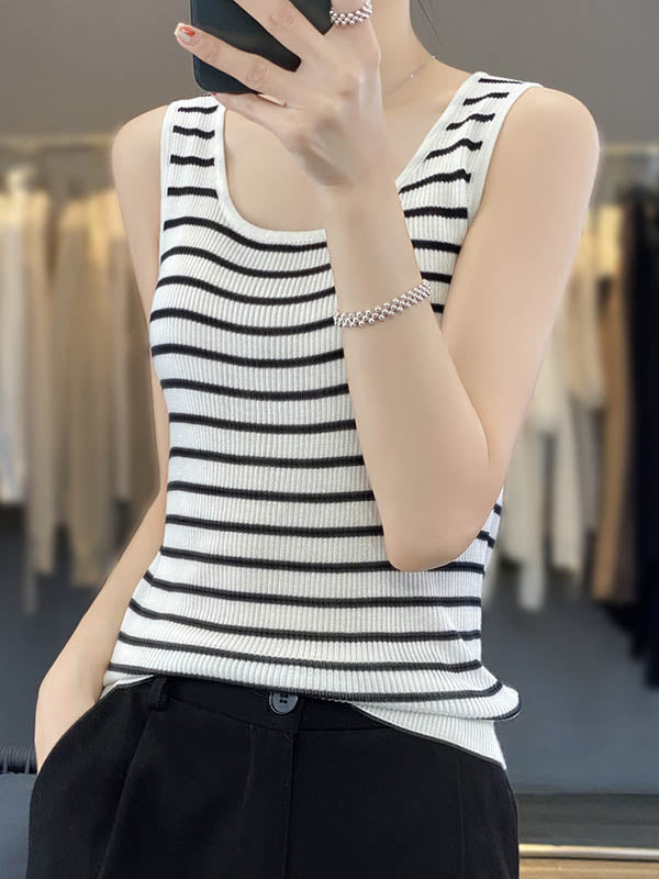 Contrast Color Striped Loose Sleeveless U-Neck Vest Top