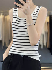 Contrast Color Striped Loose Sleeveless U-Neck Vest Top