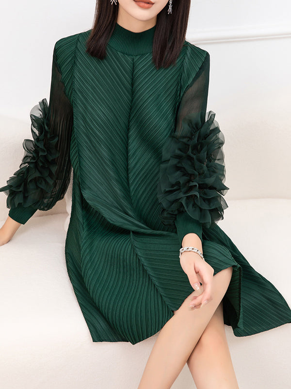 Embroidered Pleated Solid Color Long Sleeves Loose Round-neck Midi Dresses