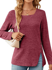 Asymmetric Buttoned Solid Color Split-side Long Sleeves Loose Square-neck T-Shirts Tops