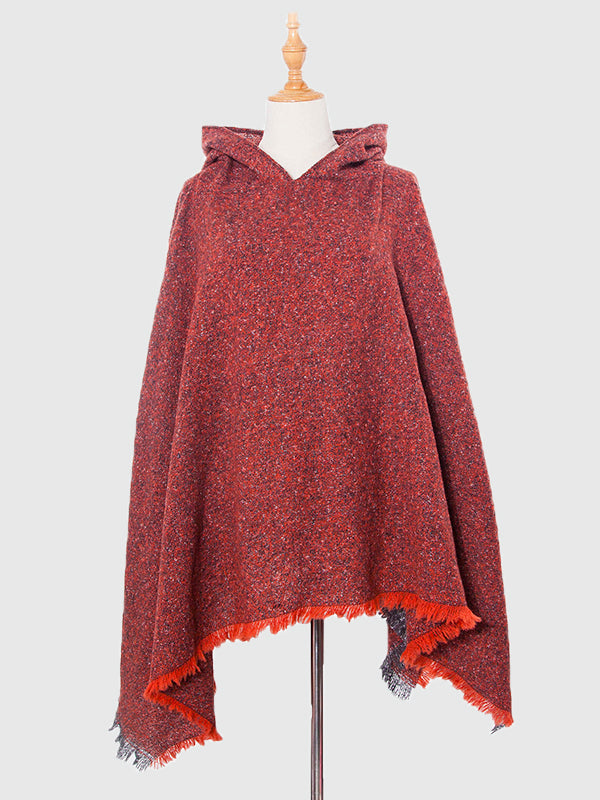 Fringed Hooded Keep Warm Solid Color Shawl&Cloak Cape