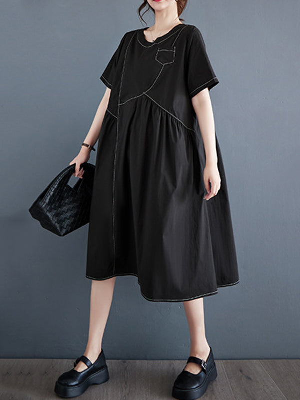 Asymmetric Pleated Pockets Solid Color Split-Joint A-line Loose Round-neck Midi Dresses
