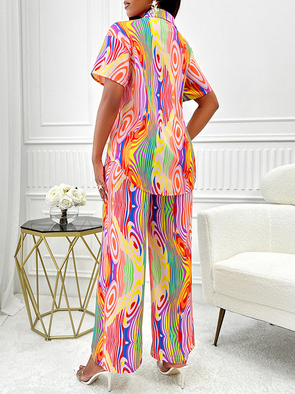 Buttoned Loose Short Sleeves Striped Lapel Shirts Top + Elasticity Pants Bottom Two Pieces Set