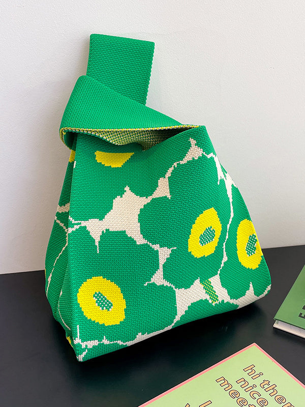 Contrast Color Floral Printed Woven Woven Handbag