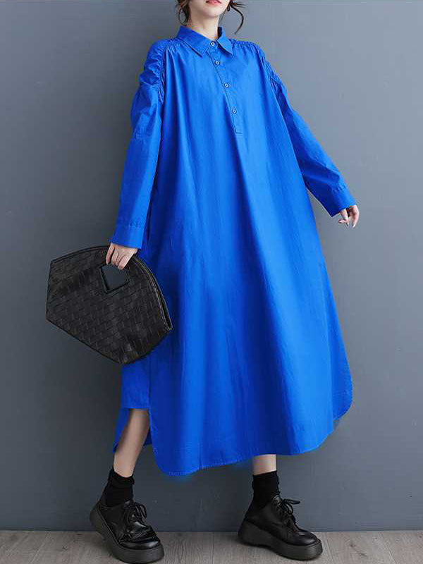 Buttoned Hollow Pleated Pockets Solid Color A-line Long Sleeves Lapel Shirt Dress Midi Dresses