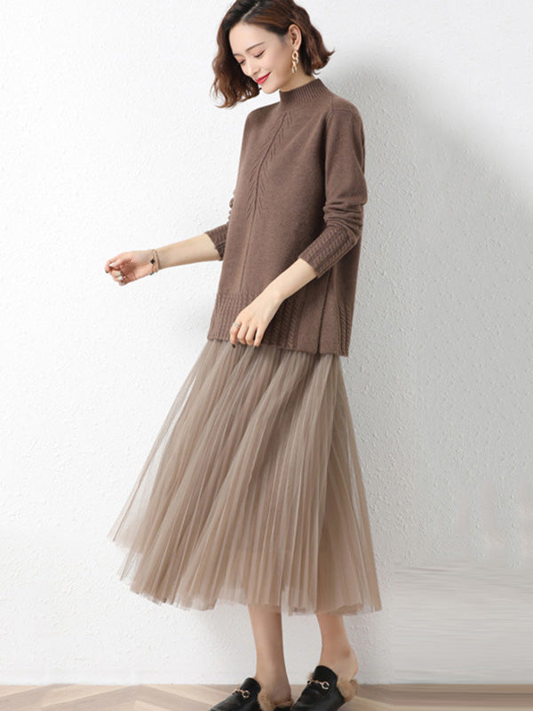Loose Split-Side Solid Color Half Turtleneck Sweater Tops