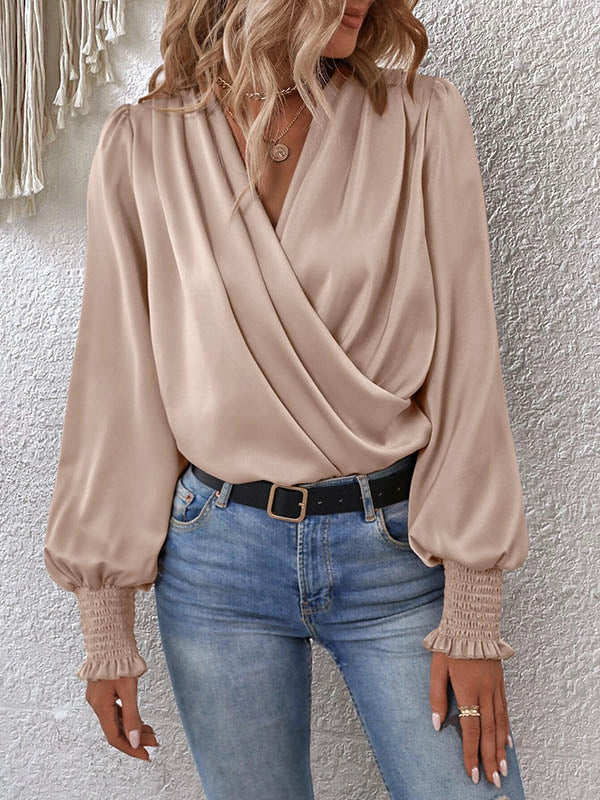 Elasticity Solid Color Long Sleeves Loose V-Neck Blouses&Shirts Tops