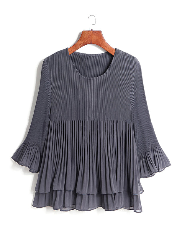 Original Loose Solid Color Pleated Falbala T-Shirt Top