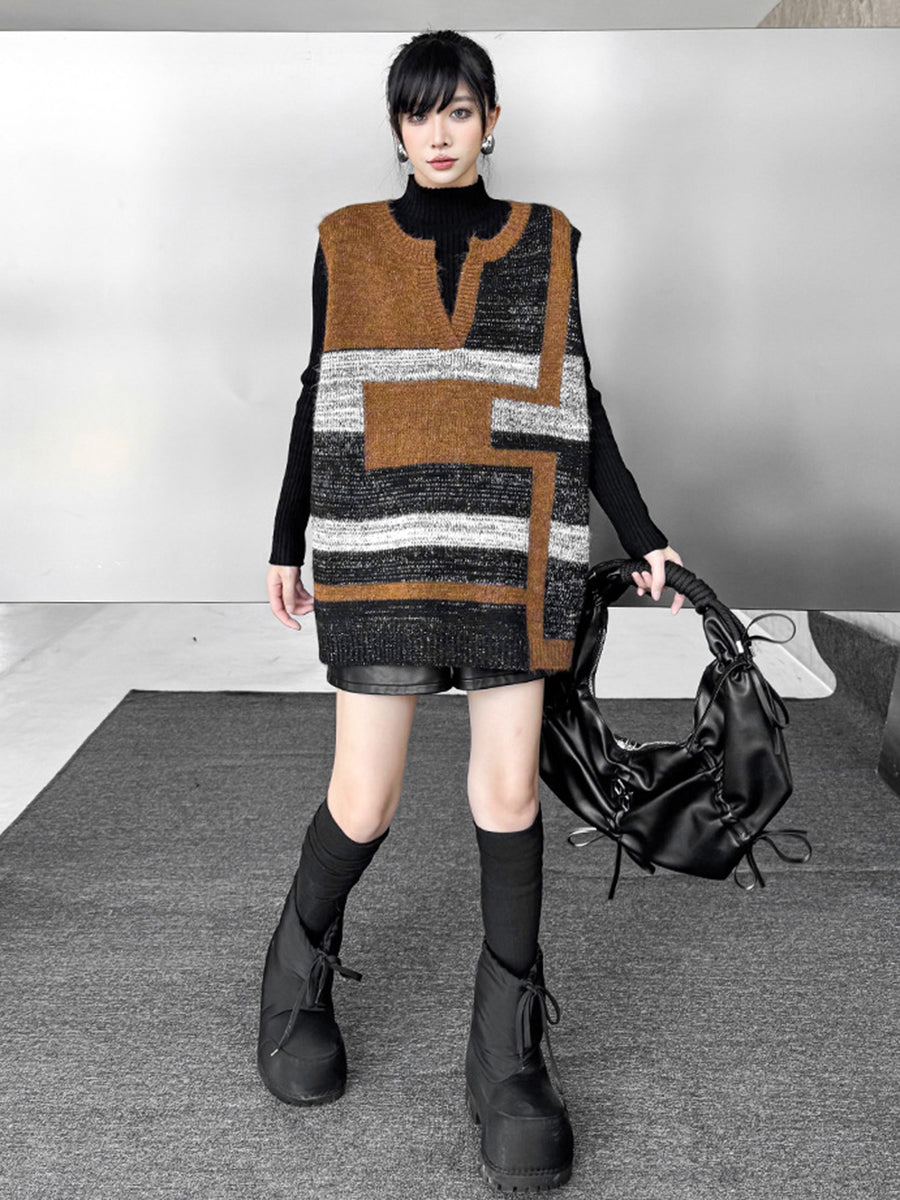 Contrast Color Geometric Split-Joint Striped Loose Sleeveless V-Neck Vest Top Outerwear