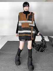 Contrast Color Geometric Split-Joint Striped Loose Sleeveless V-Neck Vest Top Outerwear