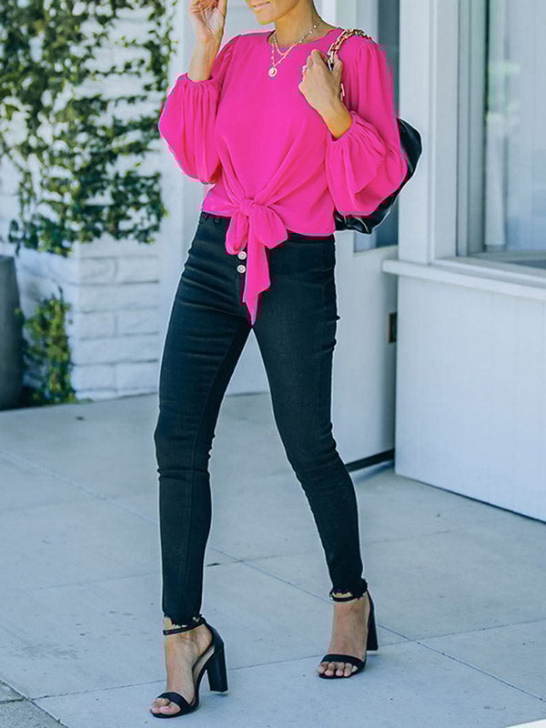 Elasticity Hollow Solid Color Tied Long Sleeves Loose Round-Neck T-Shirts Tops