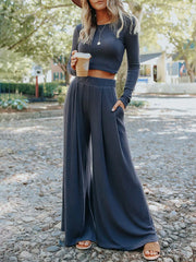 Pleated Pockets Solid Color High Waisted Loose Trousers Pants