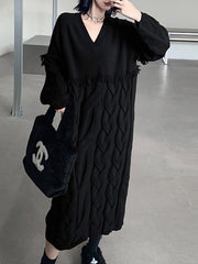 Solid Color Split-Joint Tasseled Long Sleeves Loose V-neck Sweater Dresses Midi Dresses