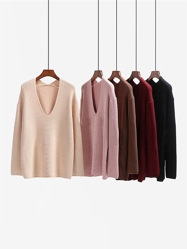 Casual Loose Solid Color V-Neck Sweater Tops