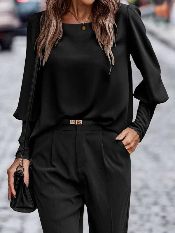 Buttoned Pleated Solid Color Long Sleeves Loose Round-Neck Blouses&Shirts Tops