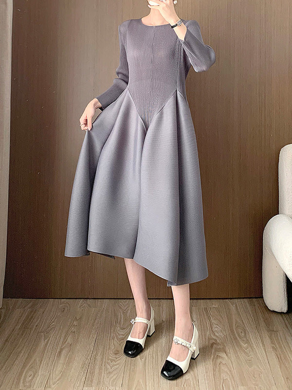 Pleated Solid Color Split-Joint A-Line Loose Round-Neck Midi Dresses