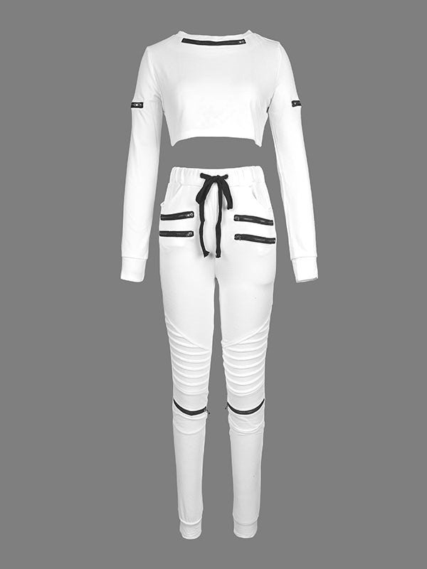 Contrast Color Drawstring Zipper Long Sleeves Tees&Pants Two Pieces Set
